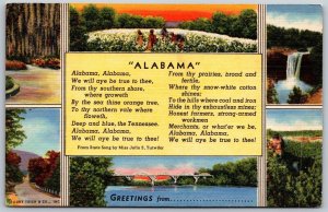 Vtg Greetings from Alabama State Song Julia Tutwiler Scenic View 1930s Postcard