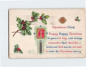 Postcard Christmas Greeting Card with Message and Hollies Embossed Art Print