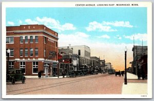 Vtg Moorhead Minnesota MN Center Avenue Street View Old Cars 1920s Postcard