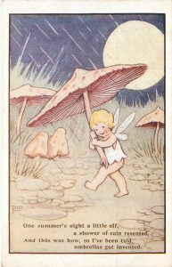 Postcard Fantasy Elf Fairy Uses Mushroom as Umbrella Signed Artist PHLO