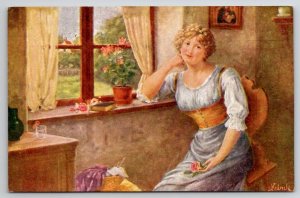 Pretty Woman At Window Flowers Book Art By J Kranzle Postcard A37