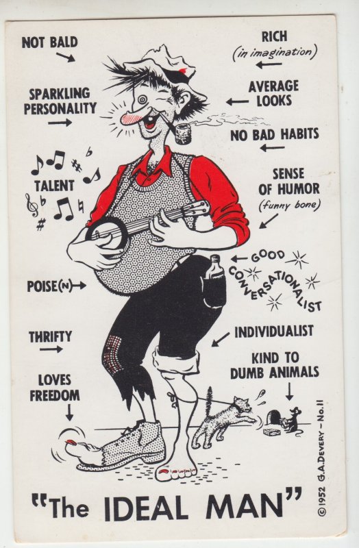 P2634 vintage postcard comic humor the ideal man with music and pipe unused