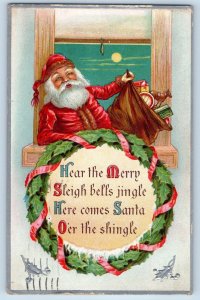 Christmas Postcard Santa Claus Sack Of Toys On Window Embossed St. Paul MN 1911