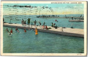 Bathing Scene and Pier, Lakeside OH c1930 Vintage Postcard E36