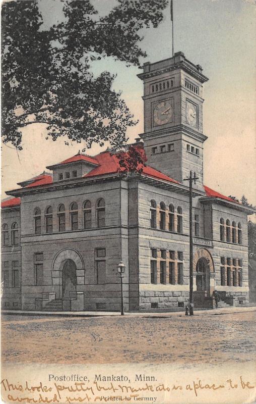 Mankato Minnesota~US Post Office~Clock Tower~Man @ Stairway~1908 Postcard