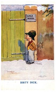 man with flowers, standing outside Girls School , Dirty Dick, signed Ernest V...
