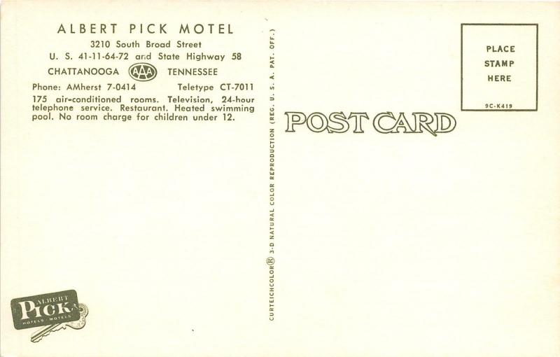 Chattanooga Tennessee~Albert Pick Motel~1959 Postcard
