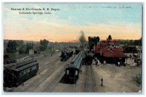 1911 Denver Rio Grande RR Depot Locomotive Trains Colorado Springs CO Postcard