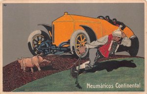 CONTINENTAL TIRES CAR PIG CROSSING ROAD BUENOS AIRES ARGENTINA POSTCARD (c.1910)