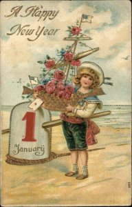 New Year Little Boy with Gilt Toy Model Boat c1910 Vintage Postcard