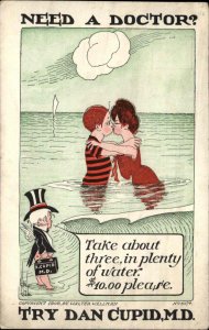 Walter Wellman Comic Bathing Beauty Woman Kissing TRY DAN CUPID 1074 Postcard