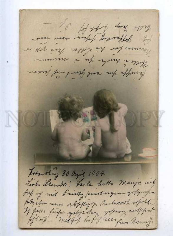 215988 NUDE Children Kids reading BOOK old PHOTO tinted 1904