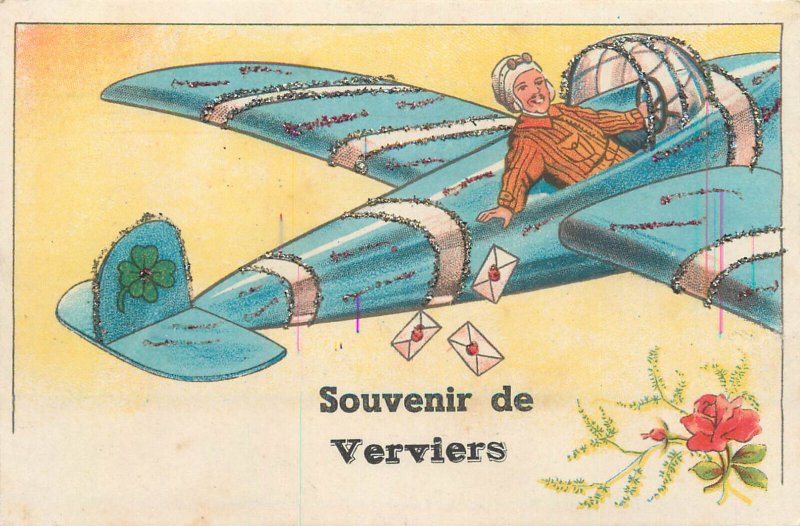 Unit of 2 vintage postcards souvenir from Verviers Belgium drawn planes greeting