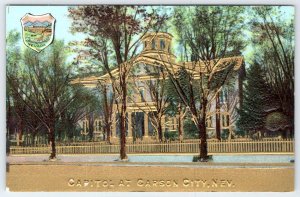 CARSON CITY NEVADA STATE CAPITOL BUILDING GOLD EMBOSSED COAT OF ARMS POSTCARD