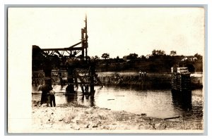 Men Working On Bridge Over River Vintage Standard View Postcad Garnett KS? RPPC 