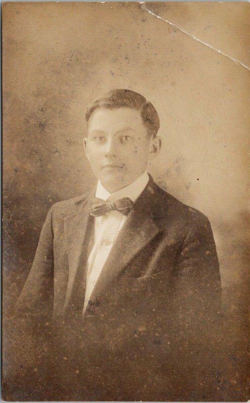 Portrait of Young Man with Bow Tie RPPC Postcard F63 *as is