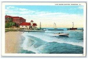 c1940's Life Saving Station Boats Yachts Waves Scene Evanston Illinois Postcard