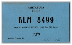 Postcard QSL Radio Card From Ashtabula Ohio KLM 8499 