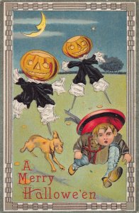 ZC1/ Halloween Postcard Greetings c1910 S500 Pumpkin Scarecrow Dog 199
