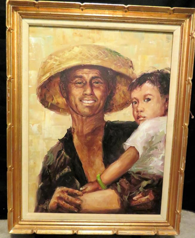 Artist KK Wong, Oil Painting of Asian man holding child, Painting is in Frame...