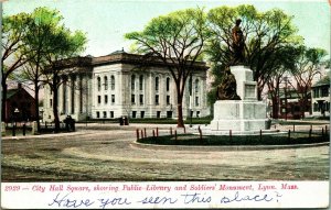 City Hall Square Soldiers Monument Lynn MA Massachusetts 1907 DB Postcard F1