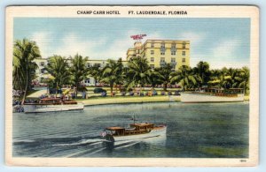 FORT LAUDERDALE, Florida FL ~ Roadside CHAMP CARR HOTEL ca 1940s Linen Postcard