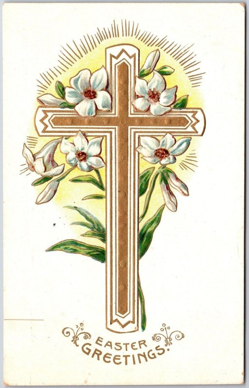 1909 Easter Greetings Beautiful White Lily Flowers Holy Cross Posted Postcard