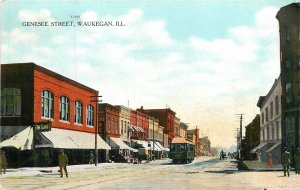 Postcard 1910 Illinois Waukegan Genesee Street Trolley Teich occupation 24-20