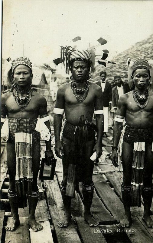 malay malaysia, BORNEO SARAWAK, 3 Native DAYAK Warriors (1920s) RPPC Postcard