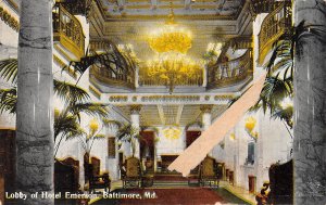 Baltimore Maryland Hotel Emerson, Lobby, Color Lithograph Vintage Postcard U7362