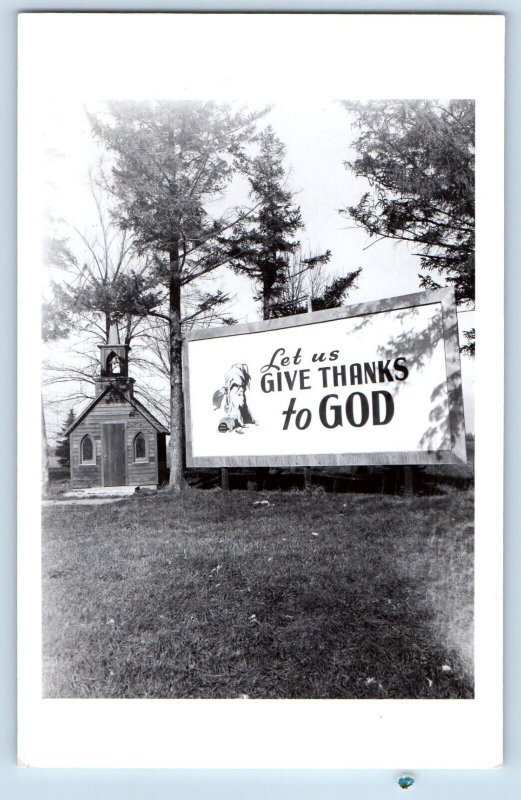 Church Sign Postcard RPPC Photo Let Us Give Thanks To God c1950's Vintage