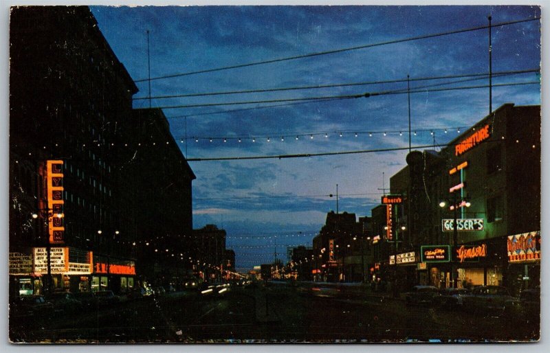 Vtg Winnipeg Manitoba Canada Portage Avenue Street View at Night Postcard