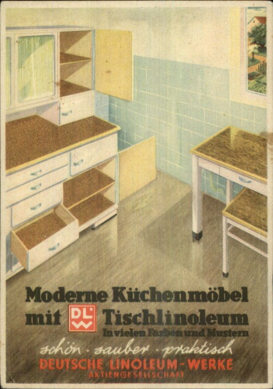 Mid-Century Kitchen D‚cor Art Deco Adv Linoleum-Werke Litega Austrian Postcard