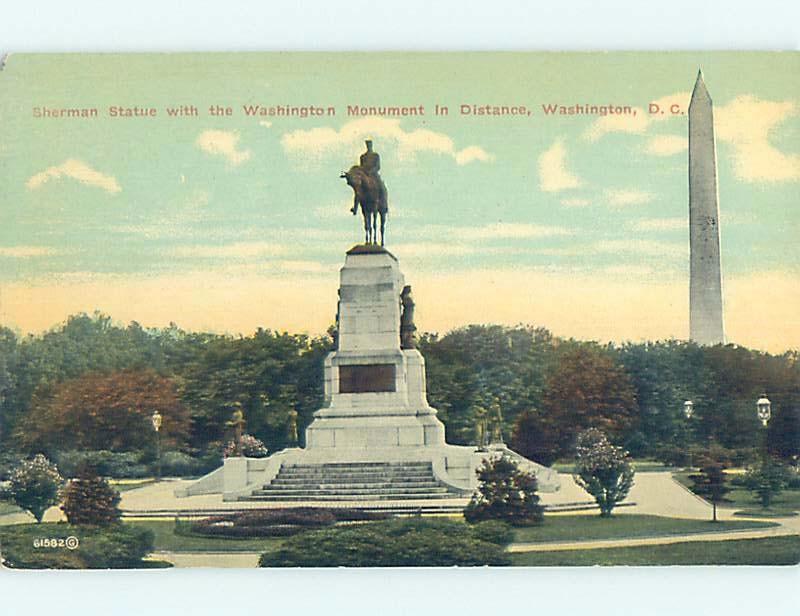 W-Border WASHINGTON MONUMENT BEHIND SHERMAN STATUE Washington DC F2831