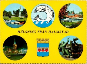 CONTINENTAL SIZE POSTCARD GREETINGS FROM HALMSTAD SWEDEN - MULTIPLE VIEWS