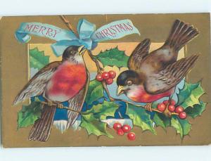 Pre-Linen christmas BEAUTIFUL LARGE BIRDS WITH HOLLY AND BLUE RIBBON hr2764