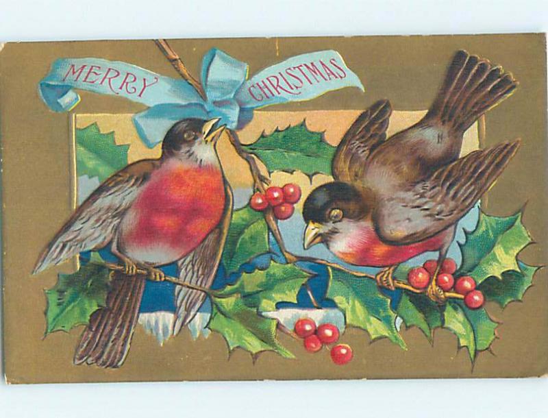 Pre-Linen christmas BEAUTIFUL LARGE BIRDS WITH HOLLY AND BLUE RIBBON hr2764