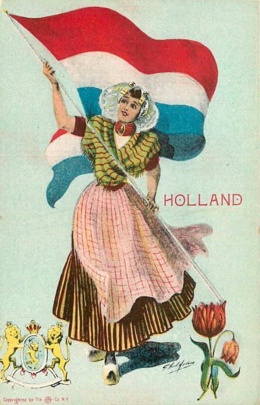 Vintage Postcard Girl in Folk Costumne of Holland With Flag and Tulip