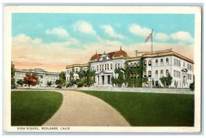 c1920's High School Campus Building Road US Flag Redlands California CA Postcard