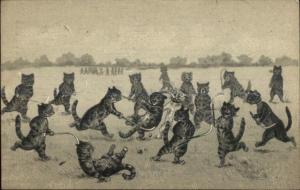 Cat Fantasy Playing Field Hockey - Unsigned Louis Wain c1910 Postcard jrf 