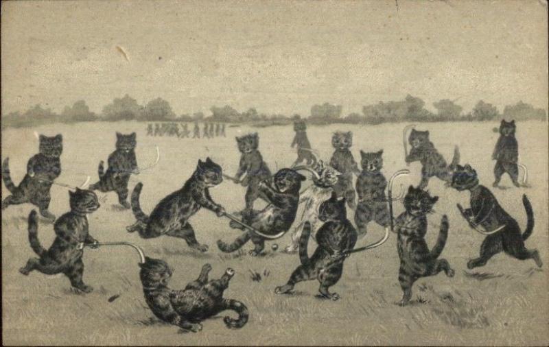 Cat Fantasy Playing Field Hockey - Unsigned Louis Wain c1910 Postcard jrf 