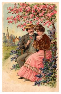 Postcard Romance Couple sitting under cherry blossoms - Embossed gilded