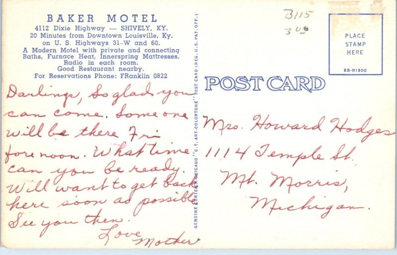 1948 Baker Motel Dixie Highway Shively Kentucky Old Car Postcard
