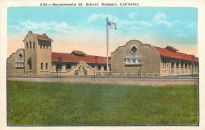 Modesto CA~American Flag Over Seventeenth St School~Spanish Revival~1920s