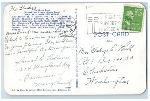 Baltimore Maryland Postcard Green Room John Hasslinger Restaurant 1951 Vintage