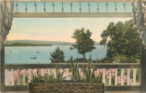 1930s Rangeley Lakes Maine Sheraton Hotel Patio hand colored Postcard 24-12328
