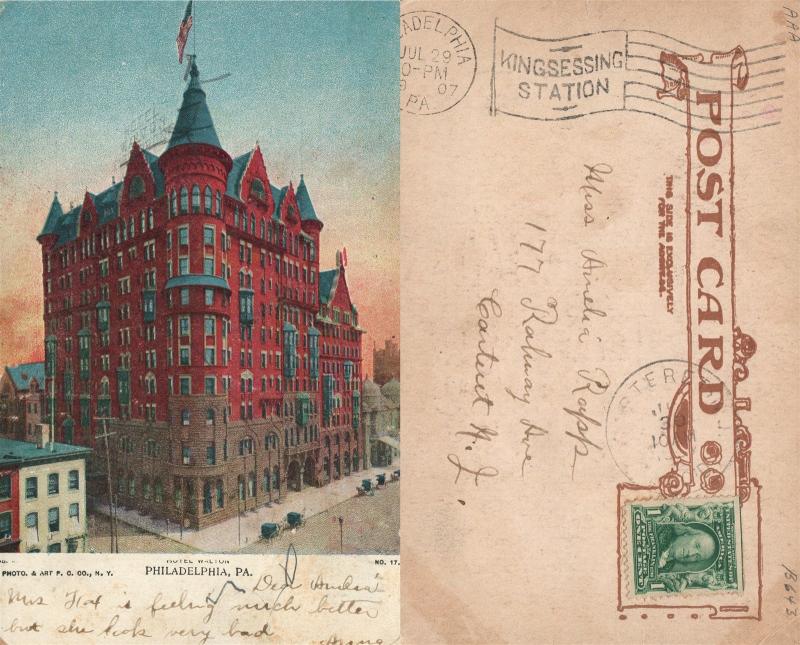 PHILADELPHIA PA HOTEL WALTON 1907 UNDIVIDED ANTIQUE POSTCARD