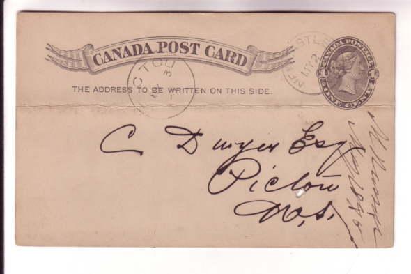 Victoria Postal Stationery Card, Newcastle NB, Pictou NS 1895 Cancels, Coal O...