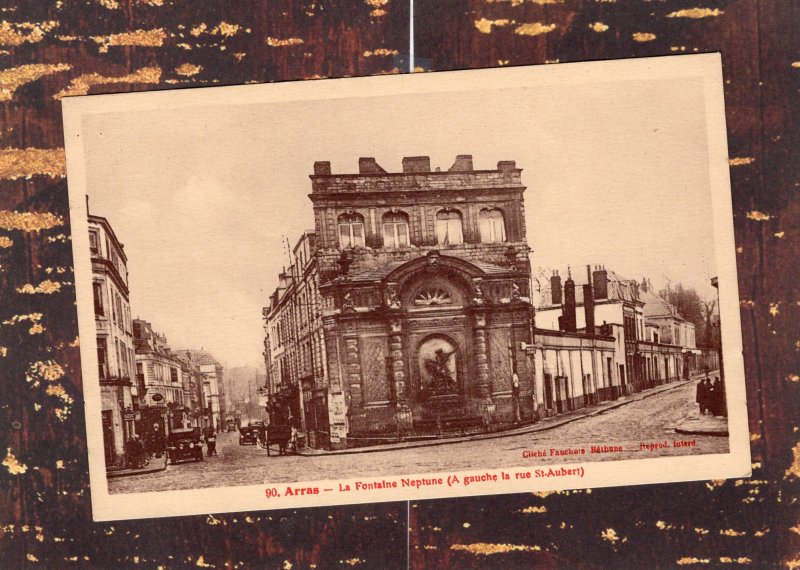 Arras La Fontaine Neptune A Gauche La Rue St. Aubert RPPC Postcard