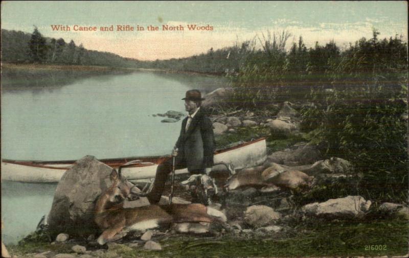 Adirondacks? Hunter Dead Deer Gun Canoe North Woods c1910 Postcard